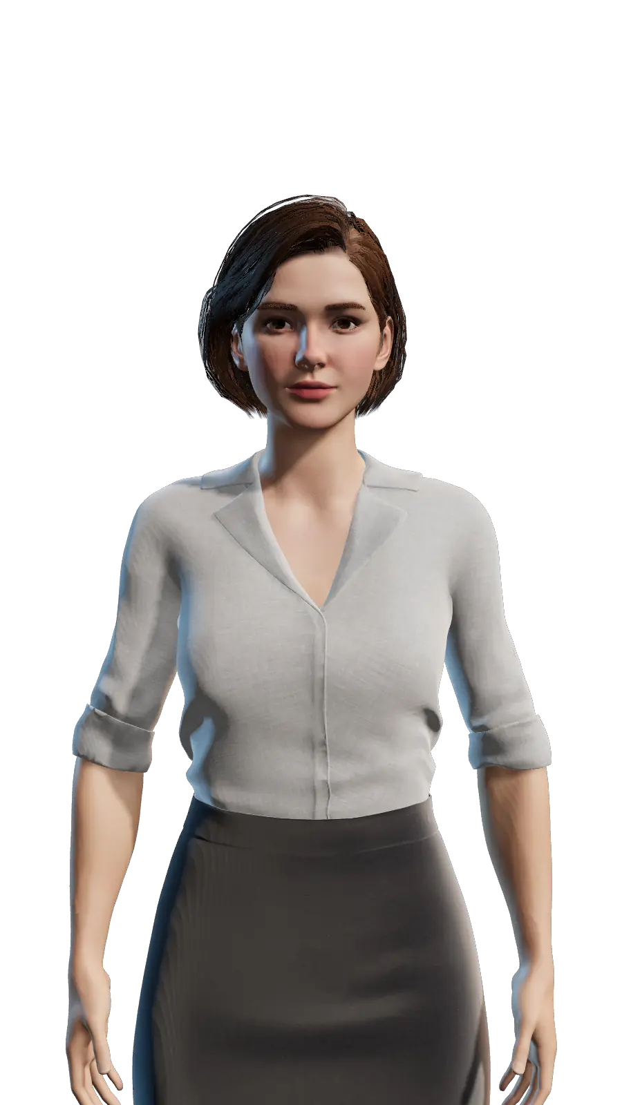 AURA, Mindlee’s AI character, looking on calmly in a dark room.